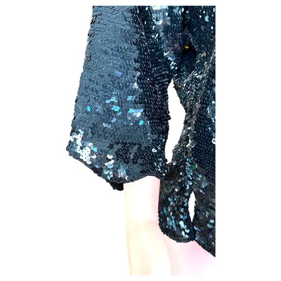 Vintage Black Silk Sequin Top 3/4 Batwing Sleeve Calla Lily Pattern Size XL 1X - Picture 5 of 10